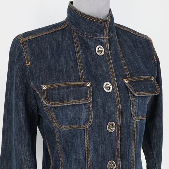 Chicos Denim Jacket 0 Womens Small Blue Military Stretch Cotton Pockets Toggles - Picture 7 of 16